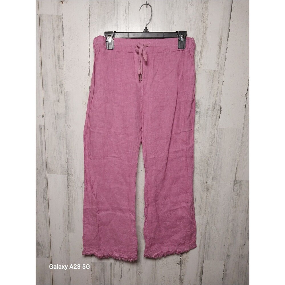 Mahina Frayed Hem Linen Vacay Pants One Size Pink
